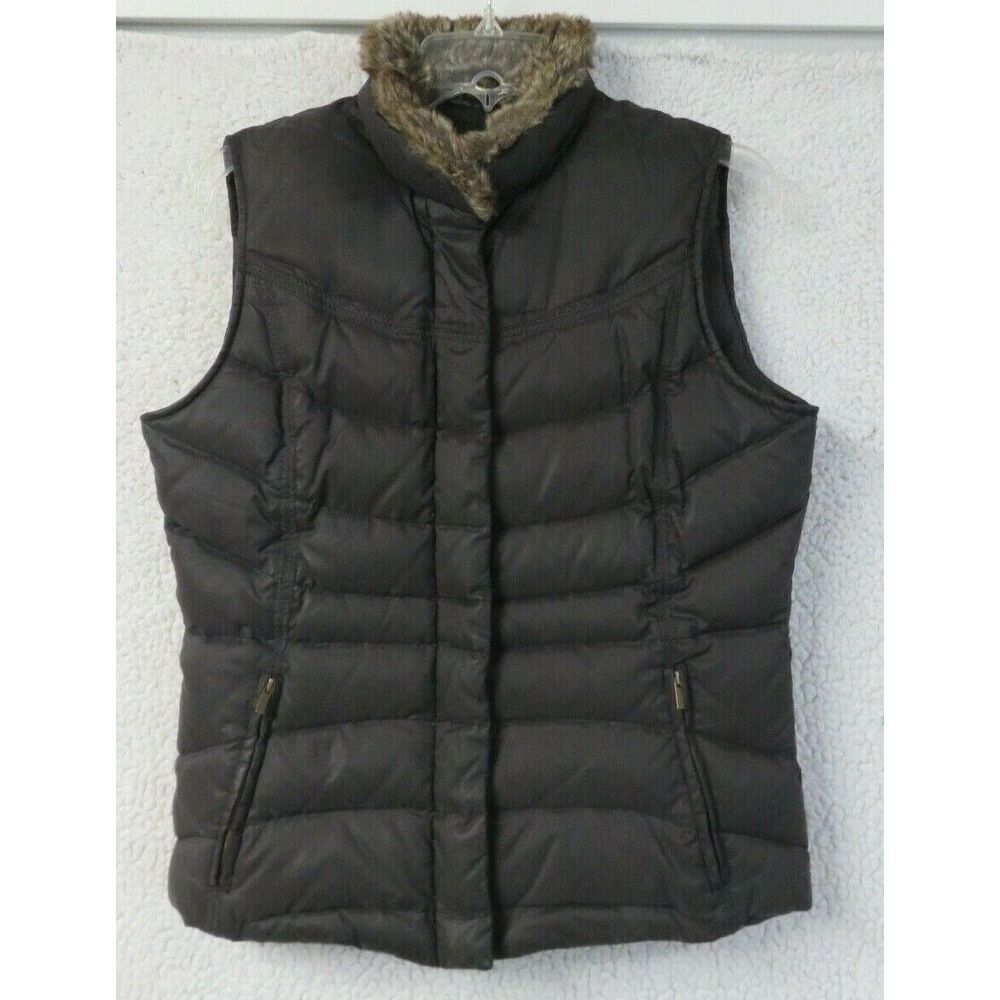 Eddie‎ Bauer Womens Goose Down Black Puffer Vest Faux Fur Collar Size S
